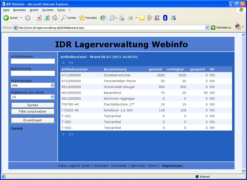 IDR Lagerverwaltung Pro: Webinfo-System